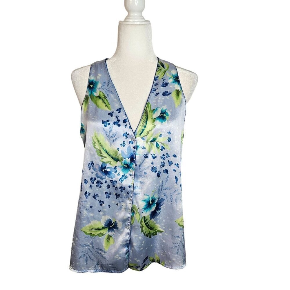 Oscar De La Renta Top Medium Floral‎ Silky Satin Coastal Grandma Button Blue